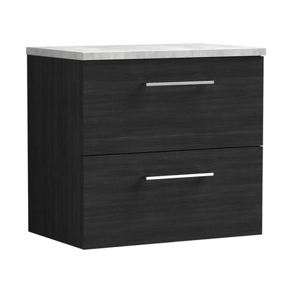 Nuie Arno 600mm Wall Hung 2 Drawer Vanity & Laminate Top Contemporary Charcoal Black MFC Textured Woodgrain 561x605x390mm - JJ Building Materials