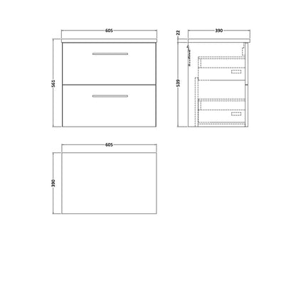 Nuie Arno 600mm Wall Hung 2 Drawer Vanity & Laminate Top Contemporary Gloss White MFC Painted Gloss 561x605x390mm - JJ Building Materials