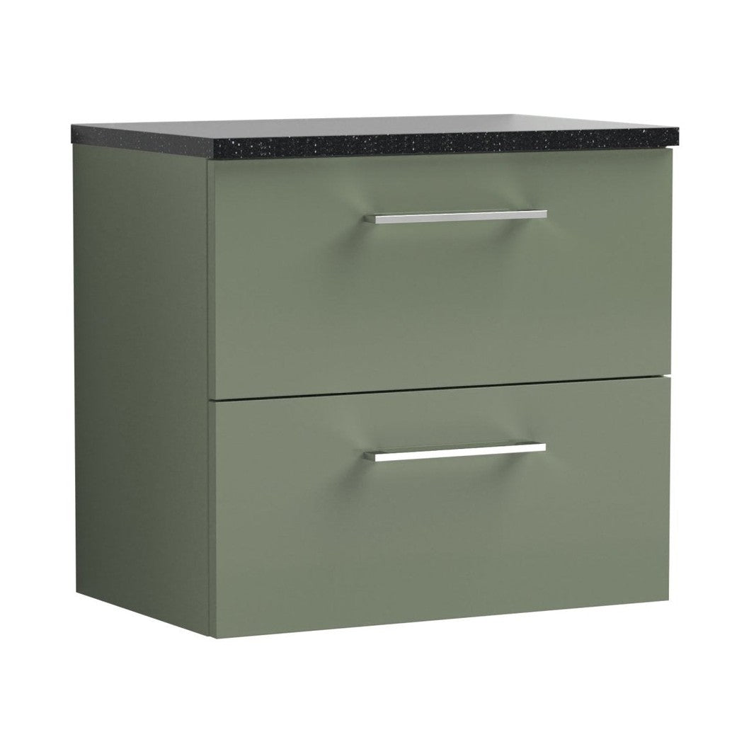 Nuie Arno 600mm Wall Hung 2 Drawer Vanity & Laminate Top Contemporary Satin Green MFC Painted Matt 561x605x383mm - ARN824LSB - JJ Building Materials
