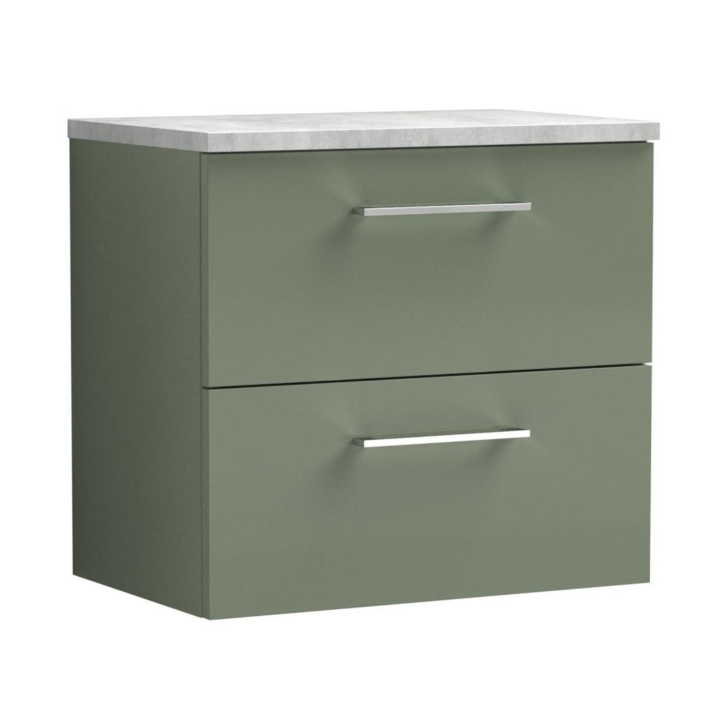 Nuie Arno 600mm Wall Hung 2 Drawer Vanity & Laminate Top Contemporary Satin Green MFC Painted Matt 561x605x390mm - JJ Building Materials