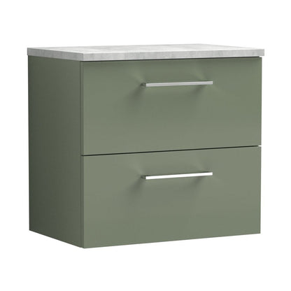Nuie Arno 600mm Wall Hung 2 Drawer Vanity & Laminate Top Contemporary Satin Green MFC Painted Matt 561x605x390mm - JJ Building Materials