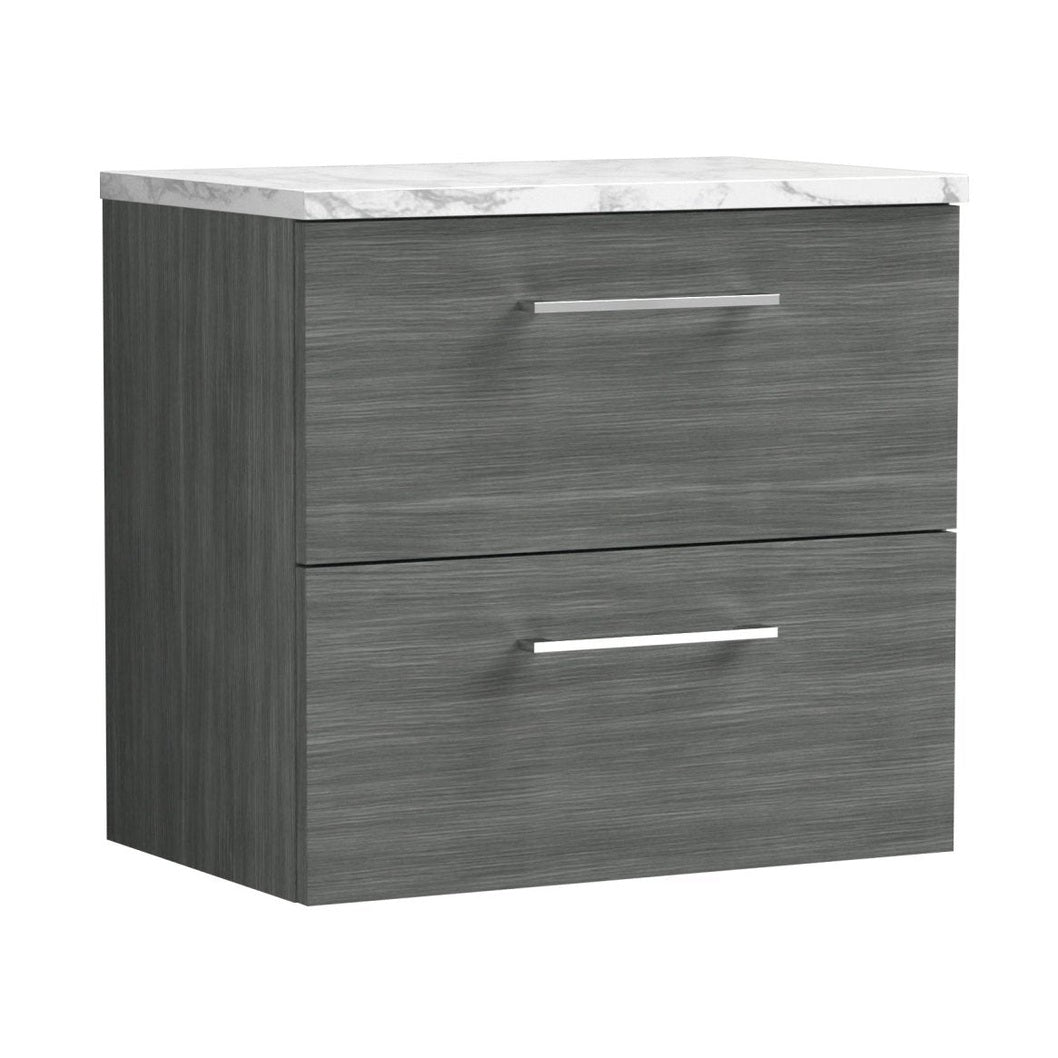Nuie Arno 600mm Wall Hung 2-drawer Vanity & Laminate Worktop Contemporary Anthracite Woodgrain MFC Textured Woodgrain 561x605x390mm - JJ Building Materials