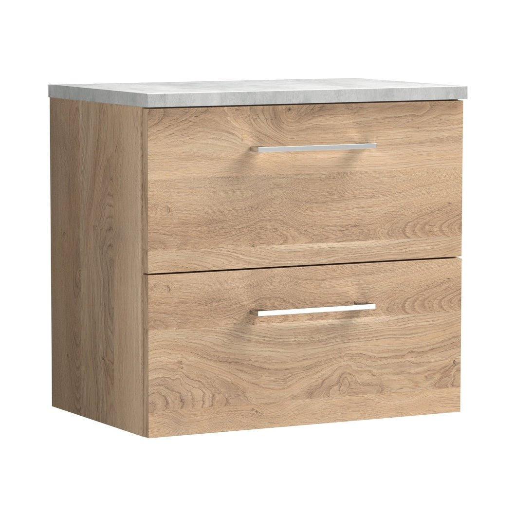 Nuie Arno 600mm Wall Hung 2-drawer Vanity & Laminate Worktop Contemporary Bleached Oak MFC Textured Woodgrain 562x605x390mm - ARN3024LBG - JJ Building Materials