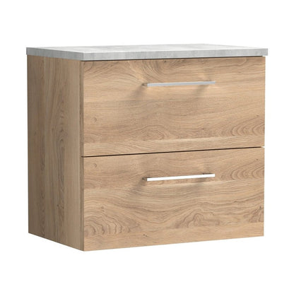 Nuie Arno 600mm Wall Hung 2-drawer Vanity & Laminate Worktop Contemporary Bleached Oak MFC Textured Woodgrain 562x605x390mm - ARN3024LBG - JJ Building Materials