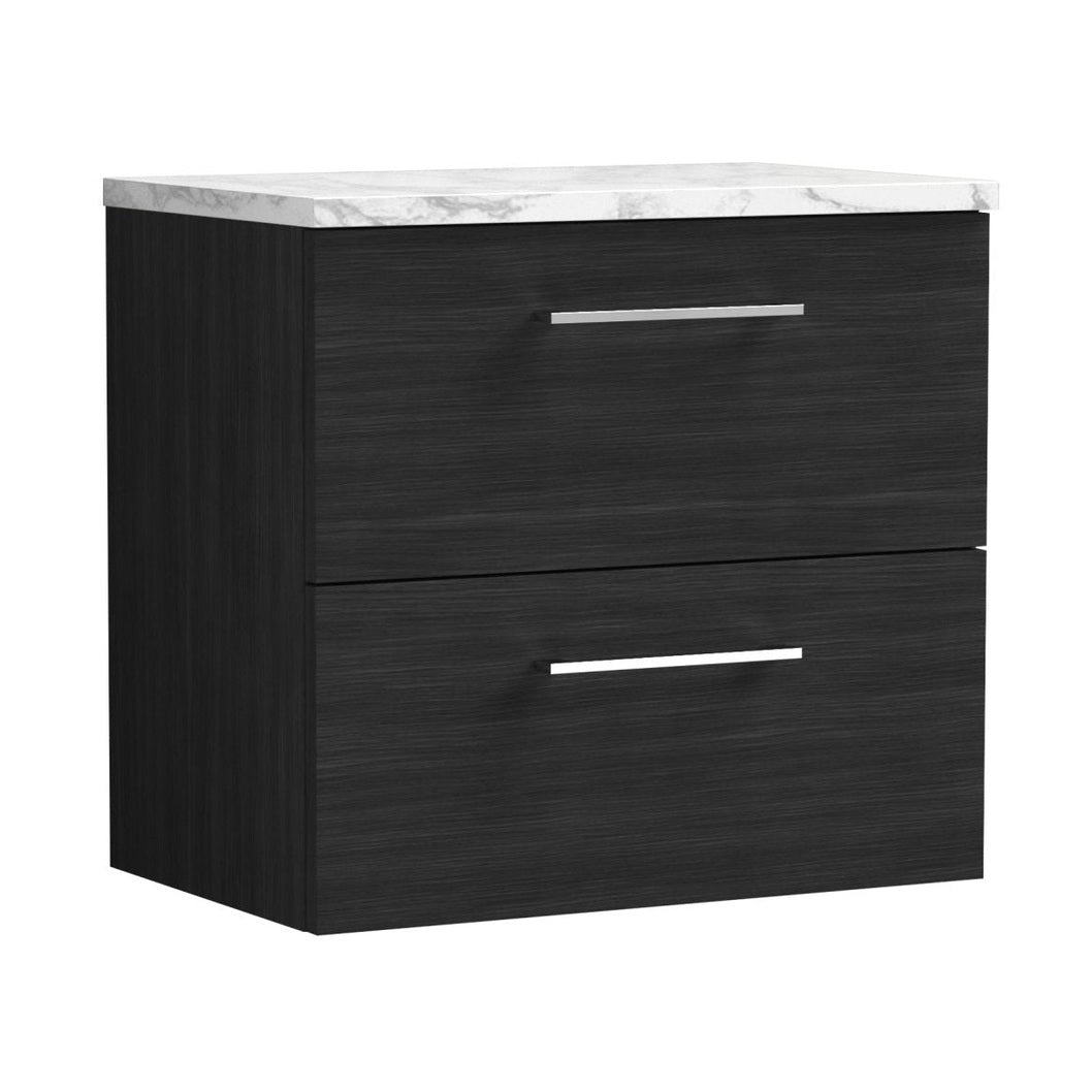 Nuie Arno 600mm Wall Hung 2-drawer Vanity & Laminate Worktop Contemporary Charcoal Black MFC Textured Woodgrain 562x605x390mm - JJ Building Materials