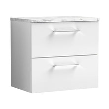 Nuie Arno 600mm Wall Hung 2-drawer Vanity & Laminate Worktop Contemporary Gloss White MFC Painted Gloss 561x605x390mm - JJ Building Materials