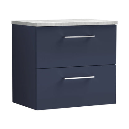 Nuie Arno 600mm Wall Hung 2-drawer Vanity & Laminate Worktop Contemporary Midnight Blue MFC Painted Matt 562x605x390mm - ARN2924LBG - JJ Building Materials