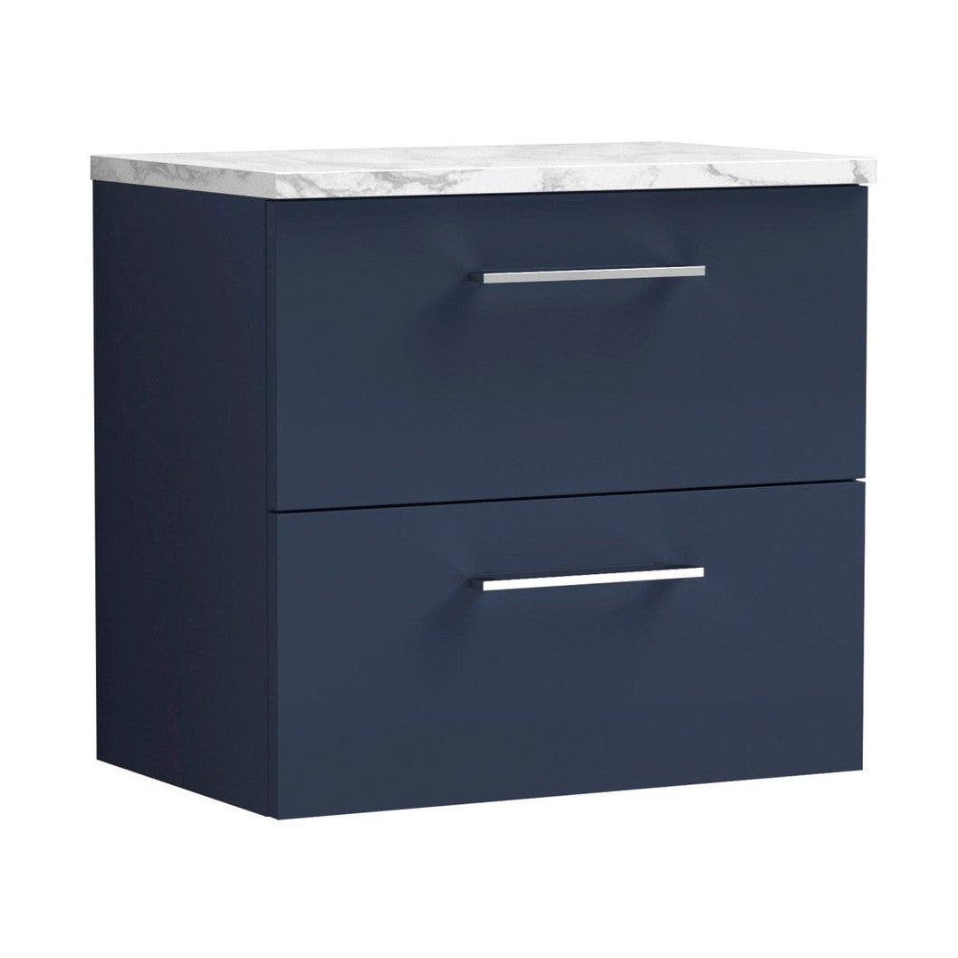 Nuie Arno 600mm Wall Hung 2-drawer Vanity & Laminate Worktop Contemporary Midnight Blue MFC Painted Matt 562x605x390mm - ARN2924LCM - JJ Building Materials