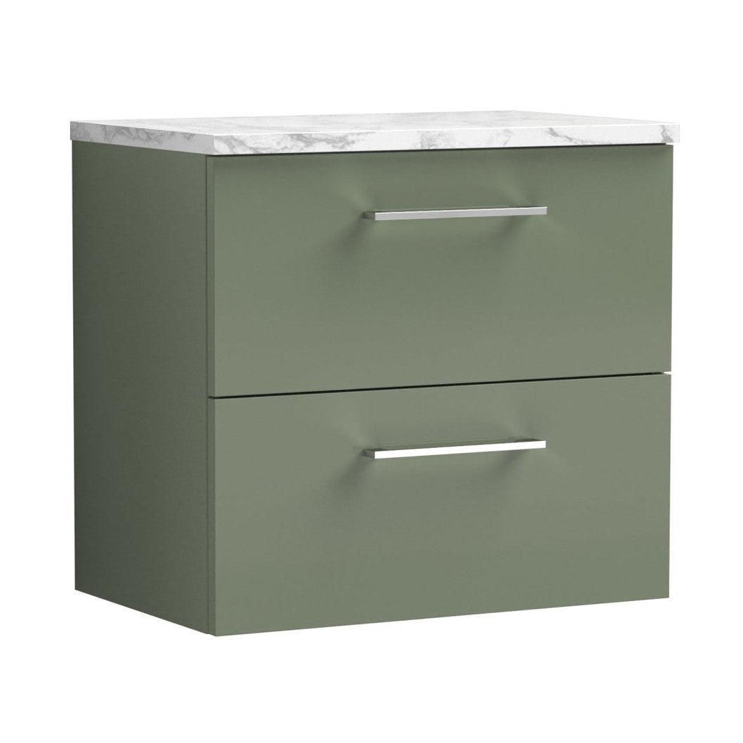 Nuie Arno 600mm Wall Hung 2-drawer Vanity & Laminate Worktop Contemporary Satin Green MFC Painted Matt 562x605x390mm - JJ Building Materials