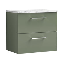 Nuie Arno 600mm Wall Hung 2-drawer Vanity & Laminate Worktop Contemporary Satin Green MFC Painted Matt 562x605x390mm - JJ Building Materials
