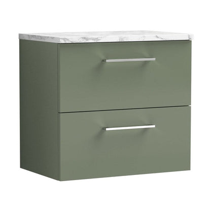 Nuie Arno 600mm Wall Hung 2-drawer Vanity & Laminate Worktop Contemporary Satin Green MFC Painted Matt 562x605x390mm - JJ Building Materials