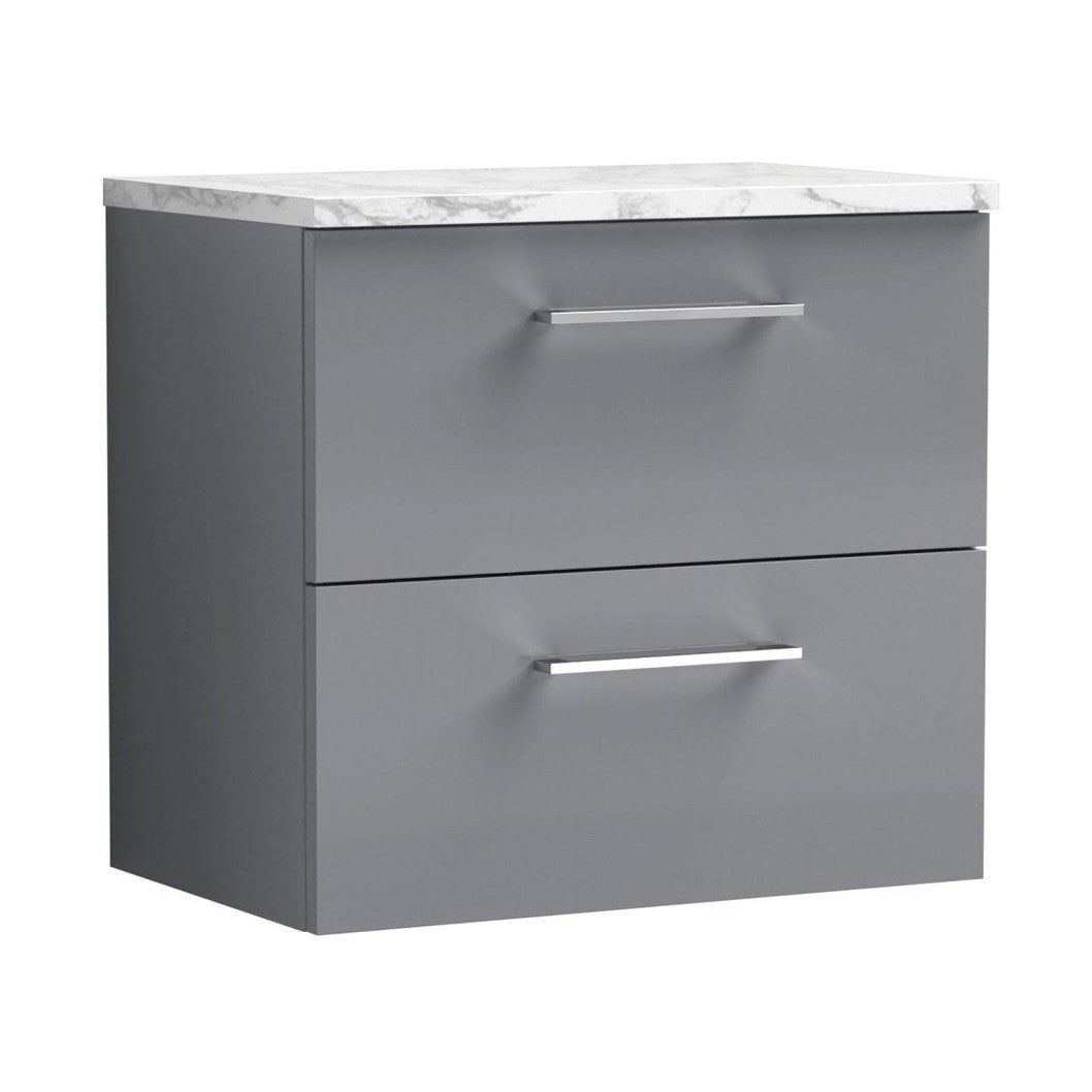 Nuie Arno 600mm Wall Hung 2-drawer Vanity & Laminate Worktop Contemporary Satin Grey MFC Painted Matt 562x605x390mm - JJ Building Materials