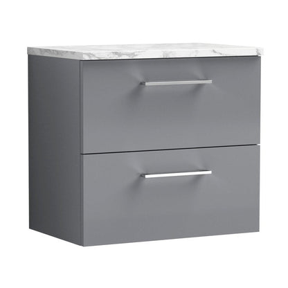 Nuie Arno 600mm Wall Hung 2-drawer Vanity & Laminate Worktop Contemporary Satin Grey MFC Painted Matt 562x605x390mm - JJ Building Materials