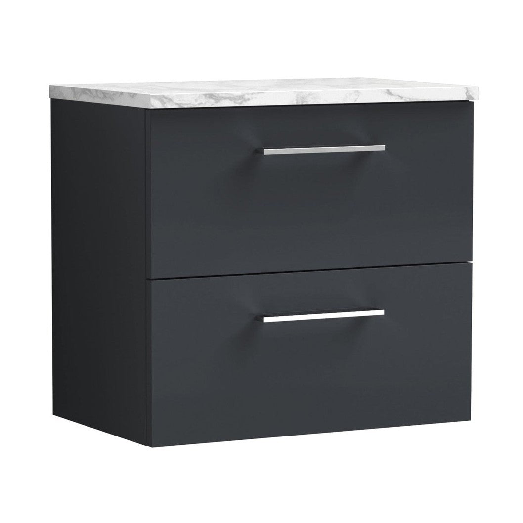 Nuie Arno 600mm Wall Hung 2-drawer Vanity & Laminate Worktop Contemporary Soft Black MFC Painted Matt 562x605x390mm - JJ Building Materials