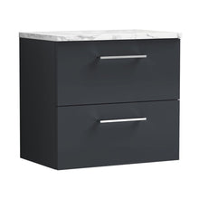 Nuie Arno 600mm Wall Hung 2-drawer Vanity & Laminate Worktop Contemporary Soft Black MFC Painted Matt 562x605x390mm - JJ Building Materials