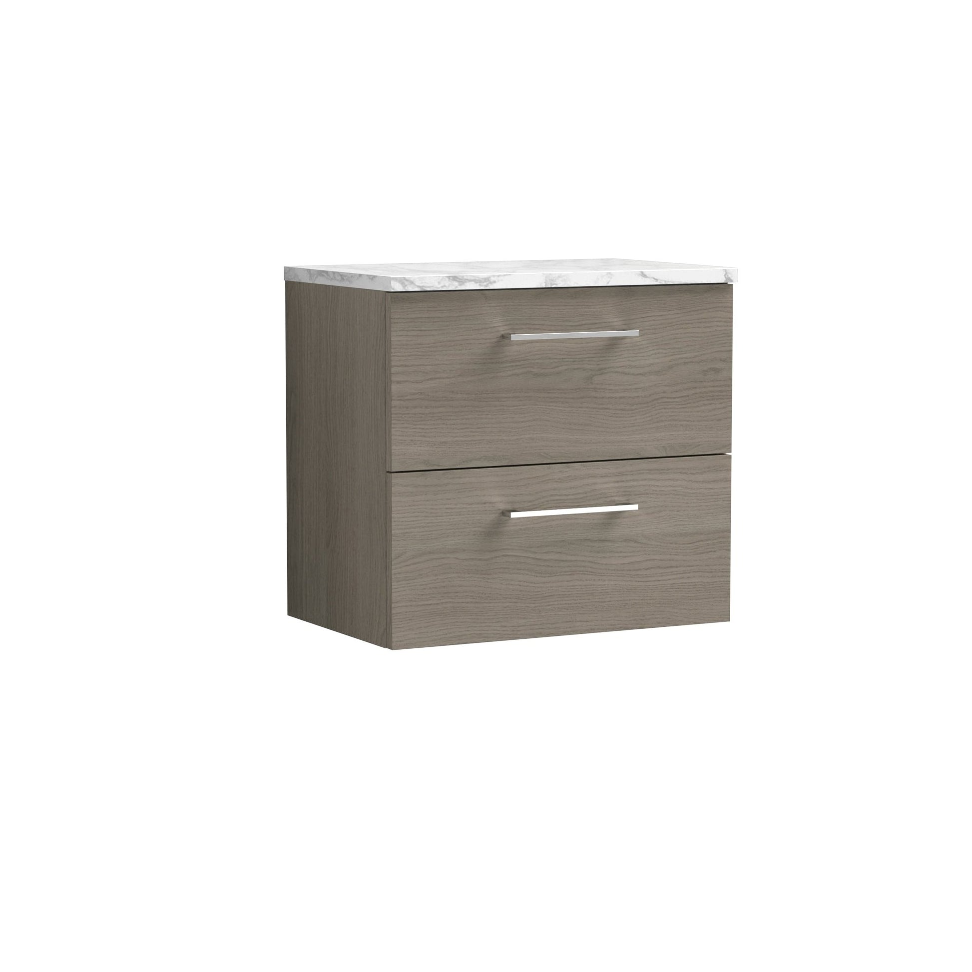 Nuie Arno 600mm Wall Hung 2-drawer Vanity & Laminate Worktop Contemporary Solace Oak MFC Textured Woodgrain 561x605x390mm - JJ Building Materials