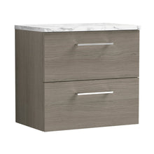 Nuie Arno 600mm Wall Hung 2-drawer Vanity & Laminate Worktop Contemporary Solace Oak MFC Textured Woodgrain 561x605x390mm - JJ Building Materials