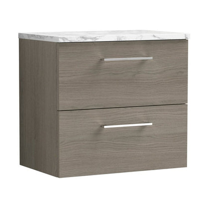 Nuie Arno 600mm Wall Hung 2-drawer Vanity & Laminate Worktop Contemporary Solace Oak MFC Textured Woodgrain 561x605x390mm - JJ Building Materials