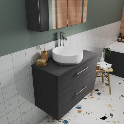 Nuie Arno 600mm Wall Hung 2 Drawer Vanity & Worktop Contemporary Anthracite Woodgrain MFC Textured Woodgrain 539x605x383mm - JJ Building Materials