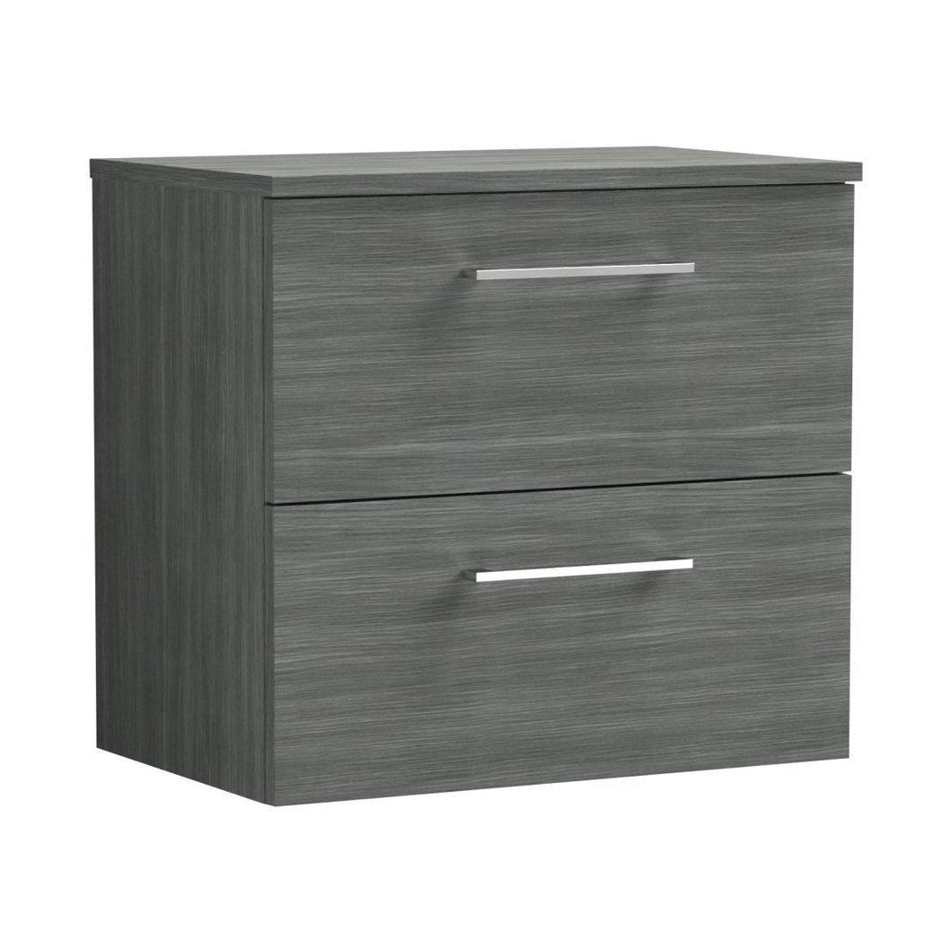 Nuie Arno 600mm Wall Hung 2 Drawer Vanity & Worktop Contemporary Anthracite Woodgrain MFC Textured Woodgrain 539x605x383mm - JJ Building Materials