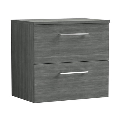 Nuie Arno 600mm Wall Hung 2 Drawer Vanity & Worktop Contemporary Anthracite Woodgrain MFC Textured Woodgrain 539x605x383mm - JJ Building Materials