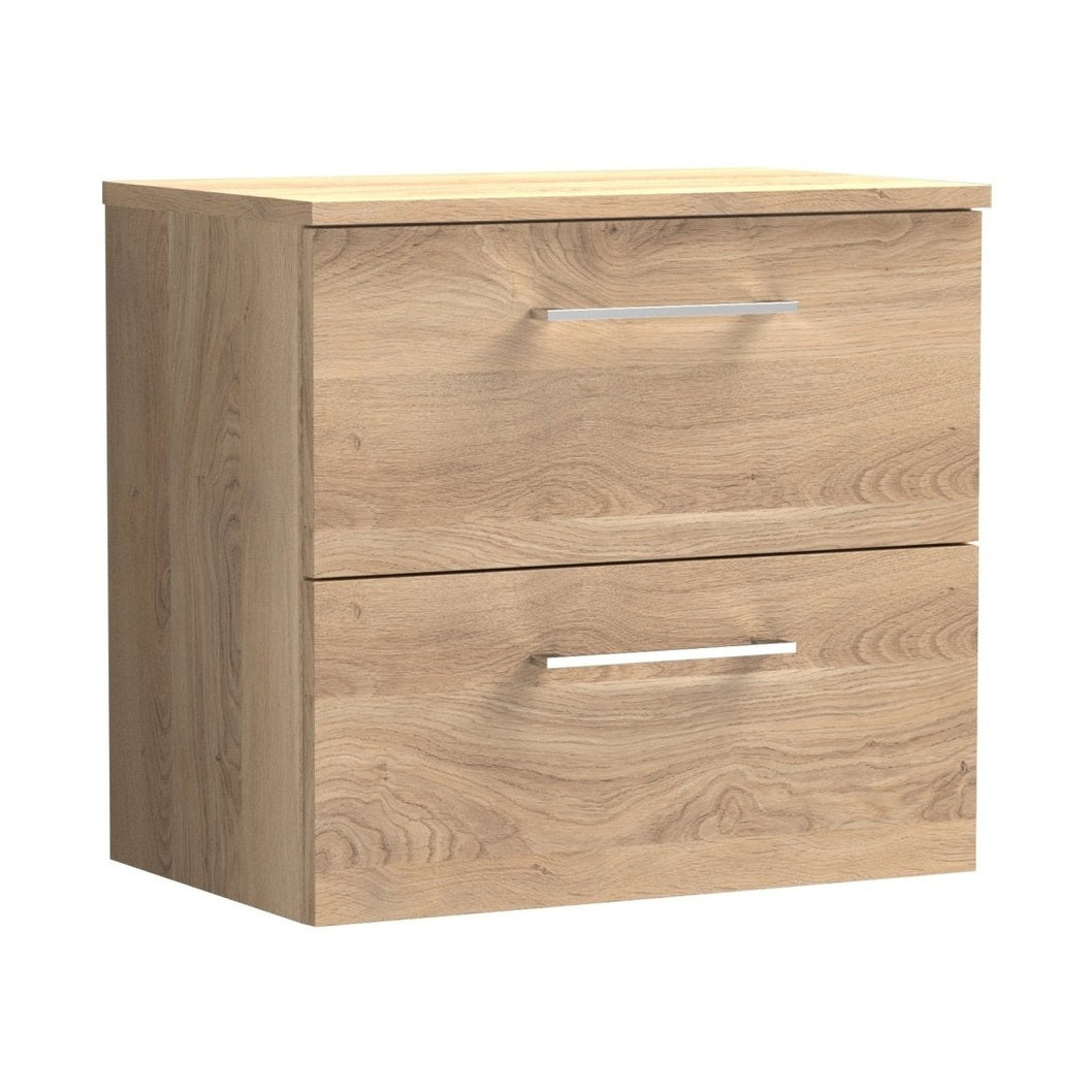 Nuie Arno 600mm Wall Hung 2-drawer Vanity & Worktop Contemporary Bleached Oak MFC Textured Woodgrain 558x605x390mm - JJ Building Materials