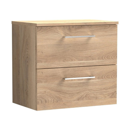 Nuie Arno 600mm Wall Hung 2-drawer Vanity & Worktop Contemporary Bleached Oak MFC Textured Woodgrain 558x605x390mm - JJ Building Materials