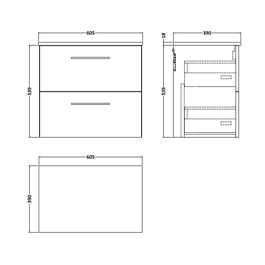 Nuie Arno 600mm Wall Hung 2-drawer Vanity & Worktop Contemporary Bleached Oak MFC Textured Woodgrain 558x605x390mm - JJ Building Materials