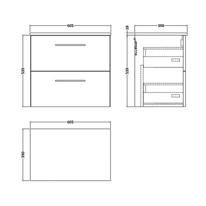 Nuie Arno 600mm Wall Hung 2-drawer Vanity & Worktop Contemporary Bleached Oak MFC Textured Woodgrain 558x605x390mm - JJ Building Materials