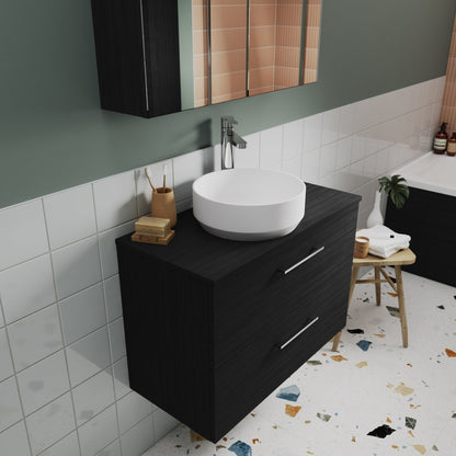 Nuie Arno 600mm Wall Hung 2 Drawer Vanity & Worktop Contemporary Charcoal Black MFC Textured Woodgrain 539x605x383mm - JJ Building Materials