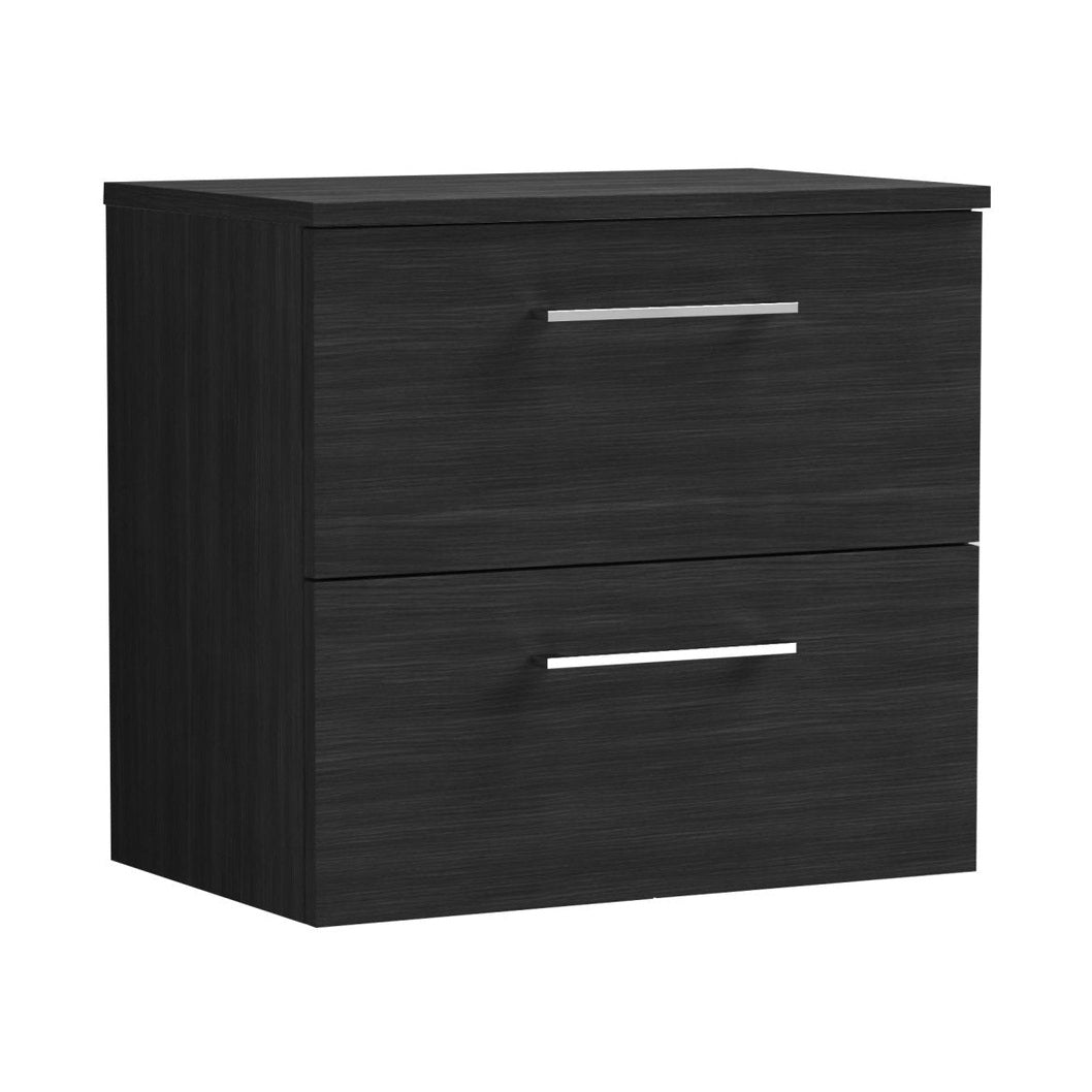 Nuie Arno 600mm Wall Hung 2 Drawer Vanity & Worktop Contemporary Charcoal Black MFC Textured Woodgrain 539x605x383mm - JJ Building Materials