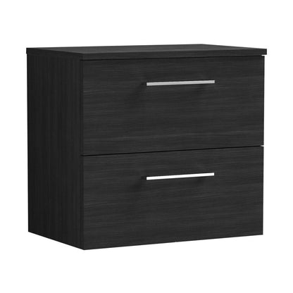 Nuie Arno 600mm Wall Hung 2 Drawer Vanity & Worktop Contemporary Charcoal Black MFC Textured Woodgrain 539x605x383mm - JJ Building Materials