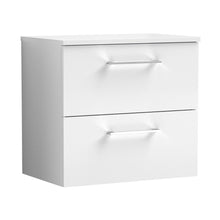 Nuie Arno 600mm Wall Hung 2 Drawer Vanity & Worktop Contemporary Gloss White MFC Painted Gloss 539x605x383mm - JJ Building Materials