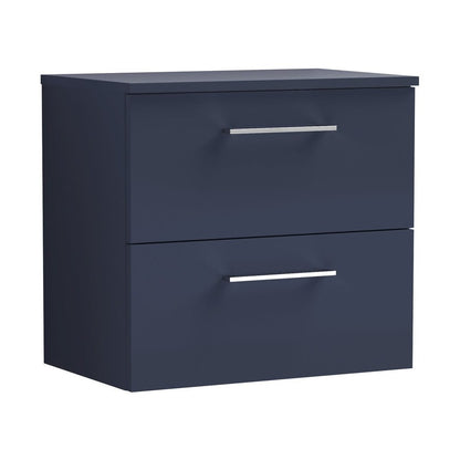 Nuie Arno 600mm Wall Hung 2-drawer Vanity & Worktop Contemporary Midnight Blue MFC Painted Matt 558x605x390mm - JJ Building Materials