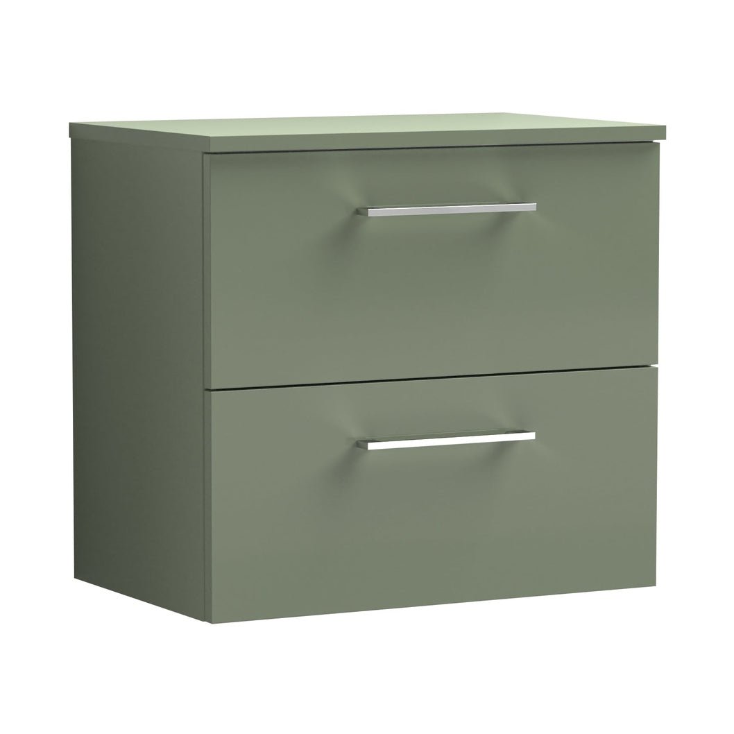 Nuie Arno 600mm Wall Hung 2 Drawer Vanity & Worktop Contemporary Satin Green MFC Painted Matt 539x605x383mm - JJ Building Materials