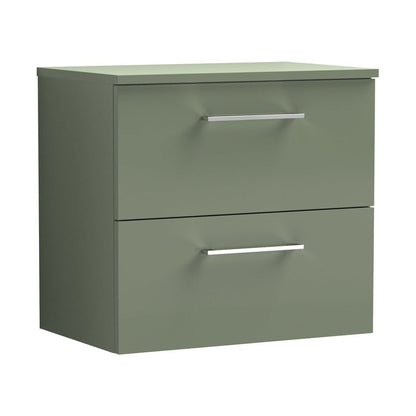 Nuie Arno 600mm Wall Hung 2 Drawer Vanity & Worktop Contemporary Satin Green MFC Painted Matt 539x605x383mm - JJ Building Materials