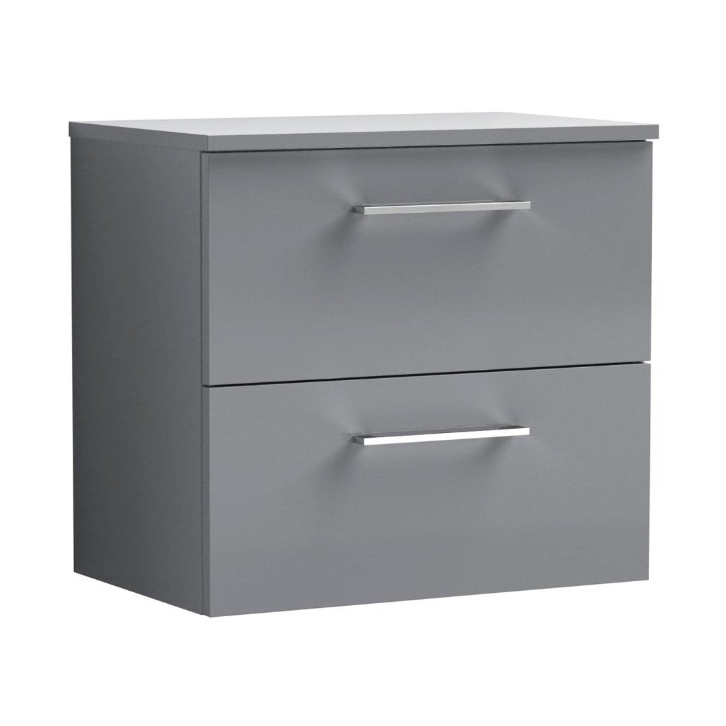 Nuie Arno 600mm Wall Hung 2 Drawer Vanity & Worktop Contemporary Satin Grey MFC Painted Matt 557x605x383mm - JJ Building Materials