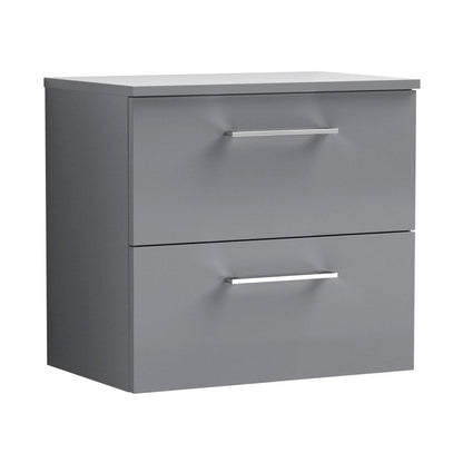 Nuie Arno 600mm Wall Hung 2 Drawer Vanity & Worktop Contemporary Satin Grey MFC Painted Matt 557x605x383mm - JJ Building Materials