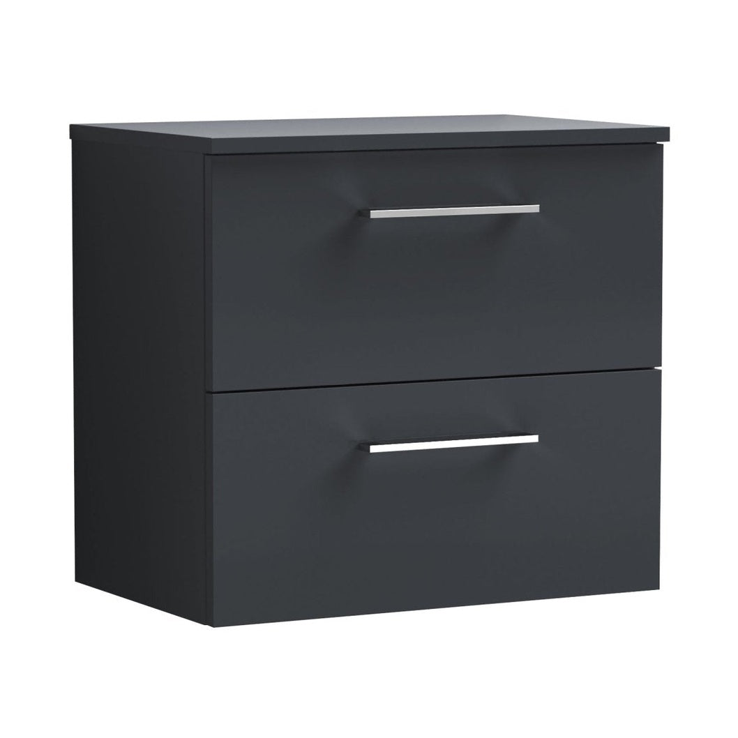Nuie Arno 600mm Wall Hung 2 Drawer Vanity & Worktop Contemporary Soft Black MFC Painted Matt 557x605x383mm - JJ Building Materials