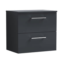 Nuie Arno 600mm Wall Hung 2 Drawer Vanity & Worktop Contemporary Soft Black MFC Painted Matt 557x605x383mm - JJ Building Materials