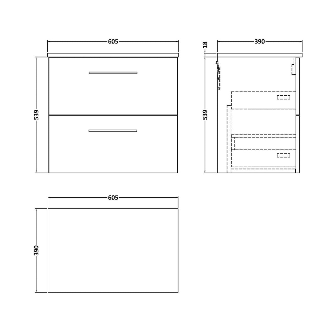 Nuie Arno 600mm Wall Hung 2 Drawer Vanity & Worktop Contemporary Solace Oak MFC Textured Woodgrain 539x605x383mm - JJ Building Materials