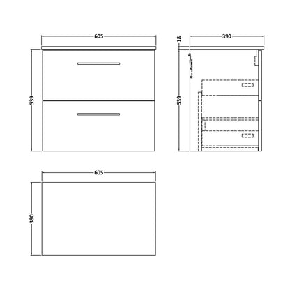 Nuie Arno 600mm Wall Hung 2 Drawer Vanity & Worktop Contemporary Solace Oak MFC Textured Woodgrain 539x605x383mm - JJ Building Materials