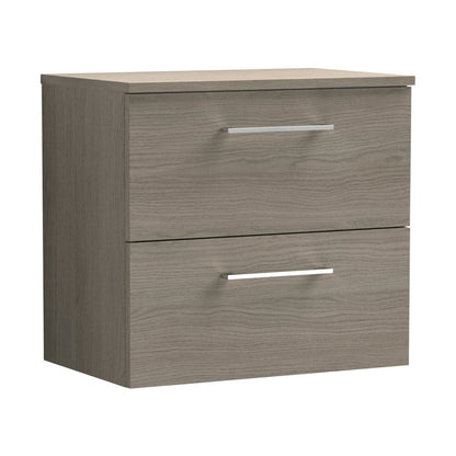 Nuie Arno 600mm Wall Hung 2 Drawer Vanity & Worktop Contemporary Solace Oak MFC Textured Woodgrain 539x605x383mm - JJ Building Materials