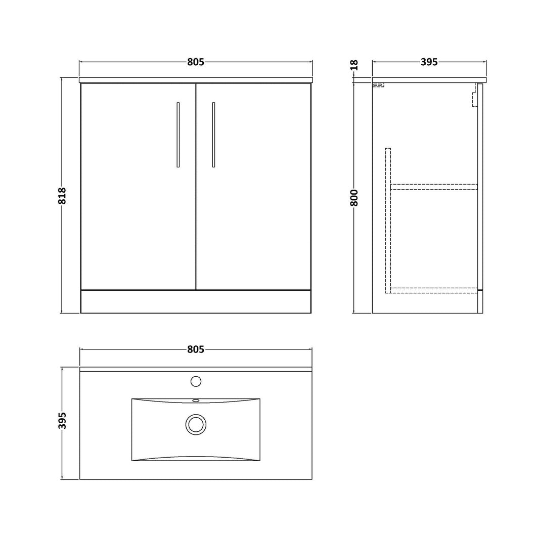 Nuie Arno 800mm Floor Standing 2 Door Vanity & Basin 2 Contemporary Anthracite Woodgrain MFC 815x800x390mm - JJ Building Materials
