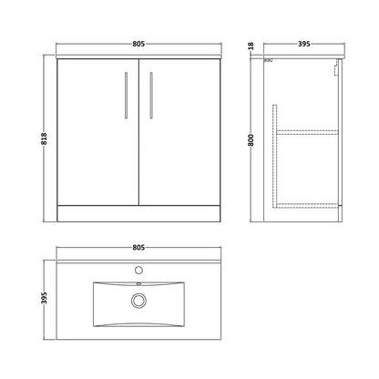 Nuie Arno 800mm Floor Standing 2 Door Vanity & Basin 2 Contemporary Satin Grey MFC 815x800x390mm - JJ Building Materials