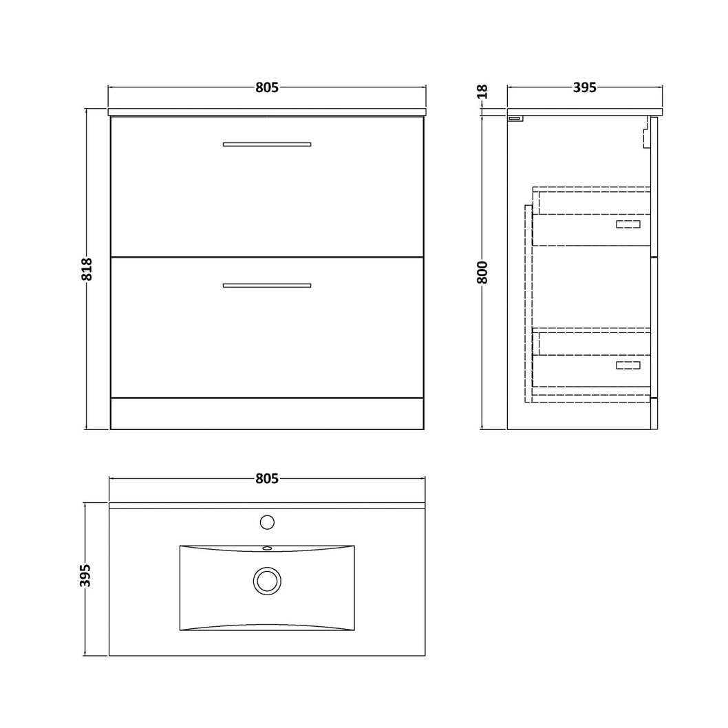Nuie Arno 800mm Floor Standing 2-drawer Vanity & Basin 2 Contemporary Bleached Oak MFC 818x800x390mm - JJ Building Materials