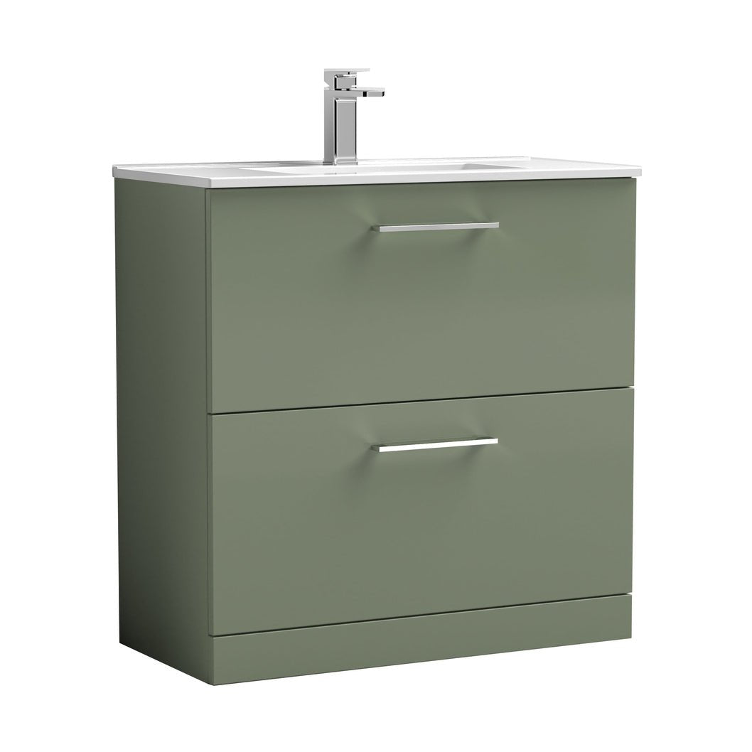 Nuie Arno 800mm Floor Standing 2 Drawer Vanity & Basin 2 Contemporary Satin Green MFC 815x800x390mm - JJ Building Materials