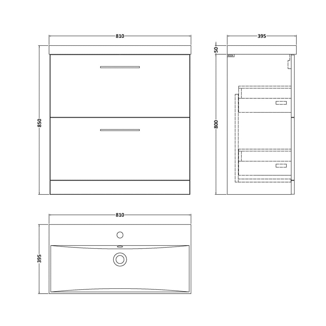 Nuie Arno 800mm Floor Standing 2 Drawer Vanity & Basin 3 Contemporary Anthracite Woodgrain MFC 850x810x395mm - JJ Building Materials