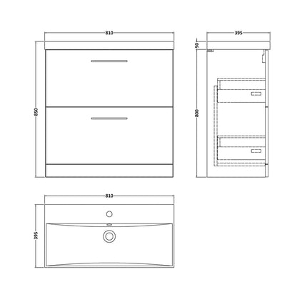 Nuie Arno 800mm Floor Standing 2 Drawer Vanity & Basin 3 Contemporary Charcoal Black MFC 850x810x395mm - JJ Building Materials