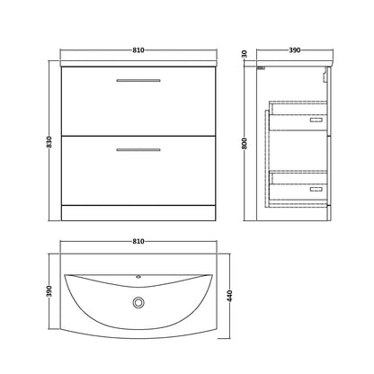 Nuie Arno 800mm Floor Standing 2 Drawer Vanity & Basin 4 Contemporary Gloss White MFC 830x810x440mm - JJ Building Materials